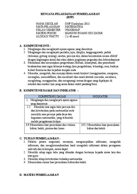 Penyelesaian penilaian ini dapat dilihat dalam tabel berikut. Rpp Bangun Ruang Sisi Datar Kurikulum 2013 Pdf - Berbagai ...