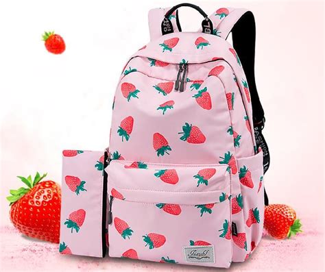 Harajuku Strawberry Print Backpack Bags Strawberry Print Girls Bags