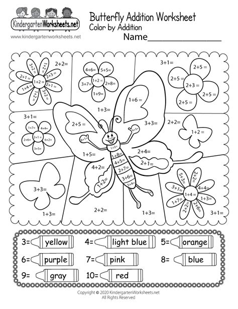 Butterfly Math Adding Worksheet Free Kindergarten
