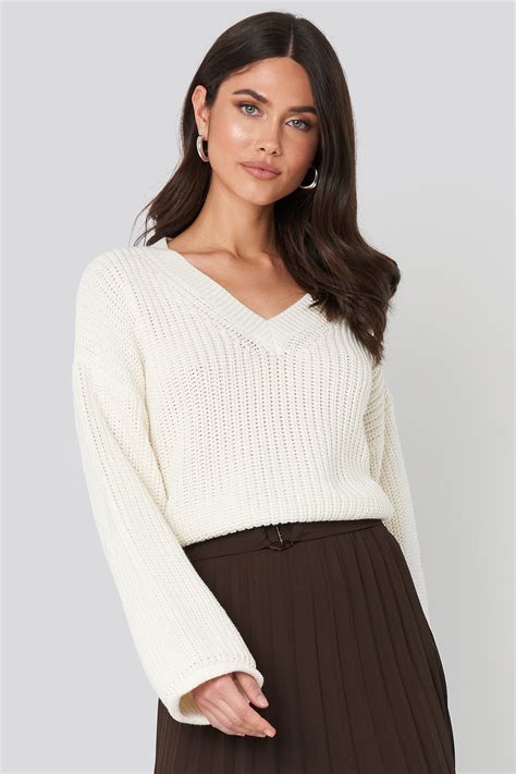 Cropped V Neck Knitted Sweater Blanc Na Kdfr
