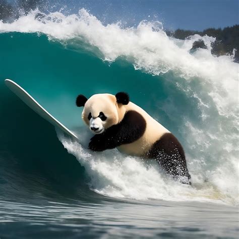 Premium Ai Image A Panda Bear Surfing A Wave