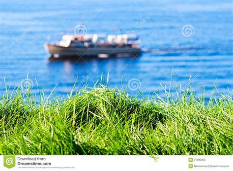 Grass With Seas And Boat On Background Stock Photo Image Of Meadow