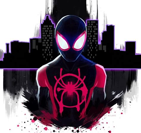 A Spider Man In Front Of A City Skyline With Splattered Paint On It