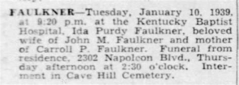 “ida Purdy Faulkner” Obituary The Courier Journal Louisville Kentucky 11 Jan 1939 P 21