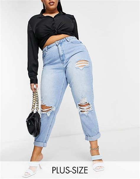 Missguided Plus Riot High Waisted Mom Jean With Roll Hem In Blue Asos