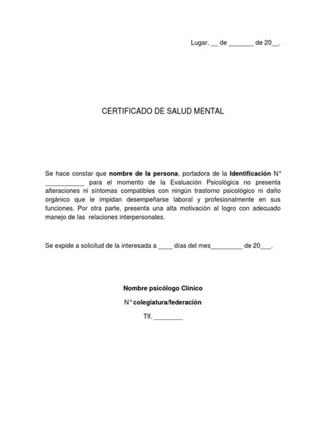 Formato Certificado De Salud Mental