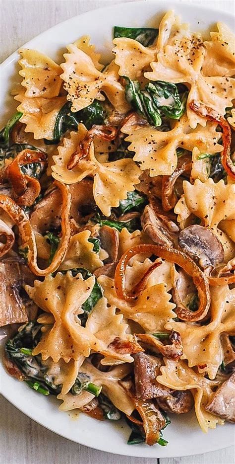 Creamy Bow Tie Pasta With Spinach Mushrooms And Caramelized Onions