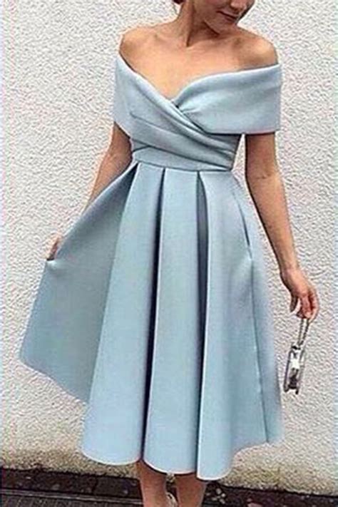 Light Blue Chiffon Off Shoulder A Line Knee Length Dress Formal Dress