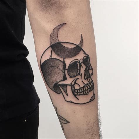Dotwork skull and crescent moon tattoo - Tattoogrid.net