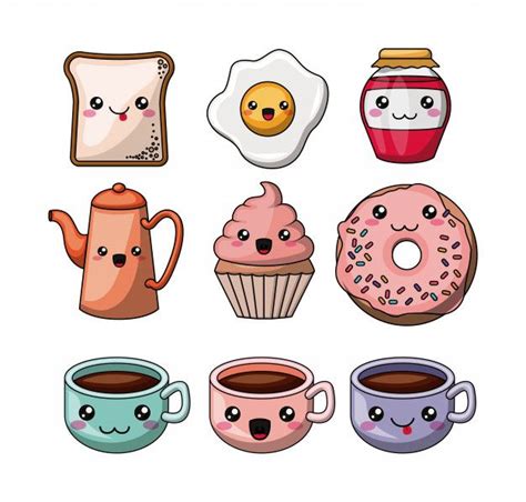 Set Kawaii Style Food Isolated Icon Design Premium Vector Griffonnages
