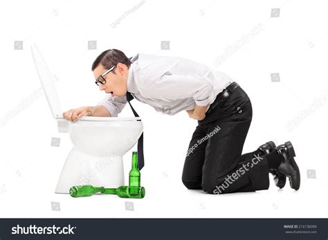 Drunk Man Throwing Up In A Toilet Isolated On White Background Stock