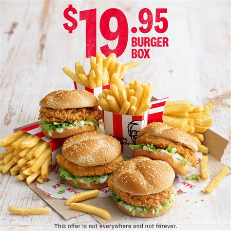 Order your favourite chicken meals without waiting in line. DEAL: KFC $19.95 Value Burger Box (4 Burgers & 4 Regular ...
