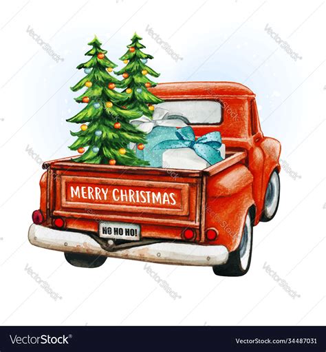 Watercolor Red Christmas Vintage Truck With Trees Vector Image