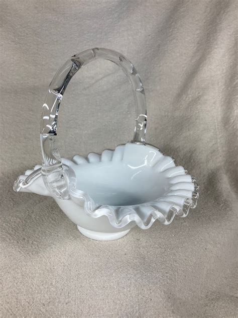 Vintage Fenton Silver Crest Milk Glass Double Crimped Basket