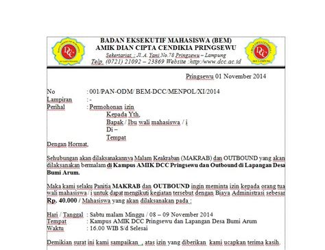 Menulis surat untuk orang tua tentu akan menerapkan bahasa lebih formal dan santun, berbeda dengan menulis surat untuk teman atau sahabat. Contoh Surat Izin Orang Tua - Kegiatan Kampus - Outbound ...