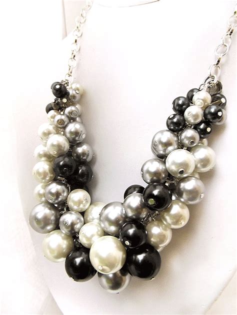 Chunky Beaded Necklace Pearl Statement Necklace Black White Etsy