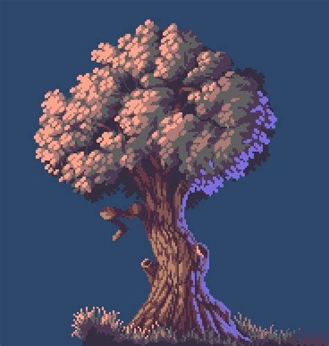An Old Pixel Art Style Tree With White Flowers On Its Trunk And Branches