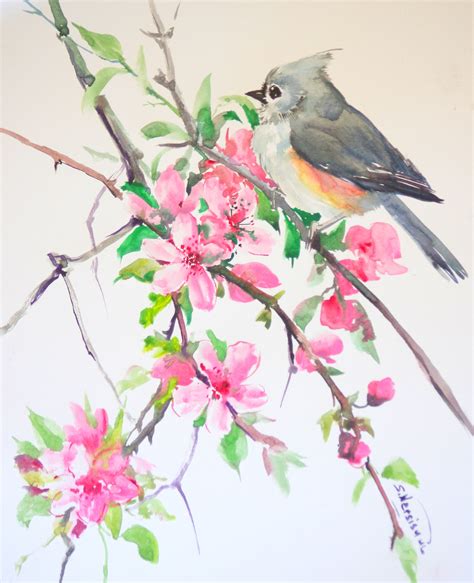 Titmouse And Sakura Cherry Blossom By Suren Nersisyan Watercolor