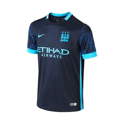 Número y nombre gratis ✅【económico y alta calidad】. Camiseta Nike Manchester City FC Away Stadium 2015-2016 Dark obsidian-Blue force-Chlorine blue