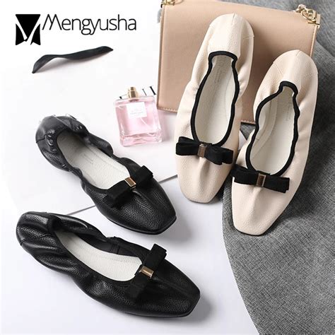 Soft Leather Slip On Ballet Flats Women Foldable Shoes Bowknot Square