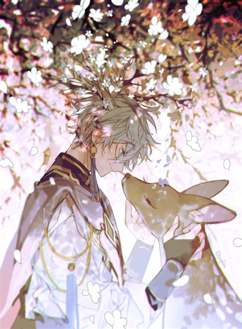 Safebooru 1boy Antlers Blue Eyes Cherry Blossoms Closed Eyes Closed Mouth Deer Deer Antlers