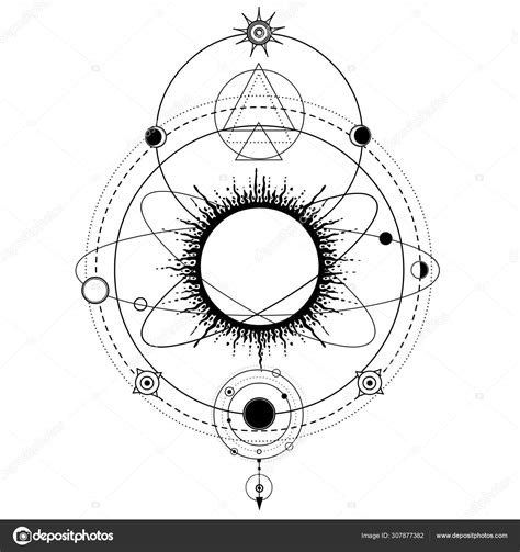 Mystical Drawing Stylized Solar System Orbits Planets Space Symbols
