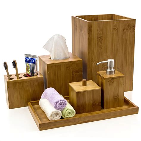 Zccz bathroom accessory sets, 4 pieces bathroom accessories complete set vanity countertop accessory set with marble look, includes lotion dispenser soap pump, tumbler, toothbrush. Modern Cheap Bamboo Bathroom Vanity Accessories Set Of 6 ...