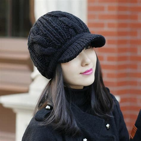 Buy Warm Black Winter Hats For Women Knitted Wool Hat Ears Cover Berets Winter