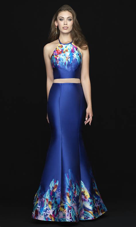 Two-Piece Royal Blue Multicolored-Print Prom Dress