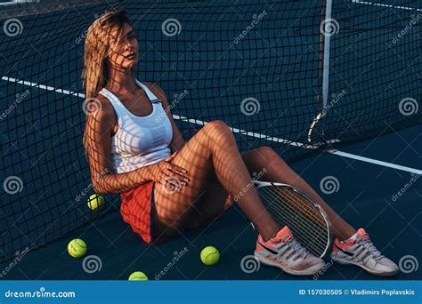 Beautiful Woman Is Resting At Tennis Court Stock Image Image Of