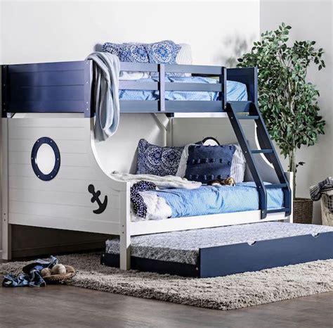 Nautical Themed Twinfull Bunk Bed In Blue And White With Trundle Bed