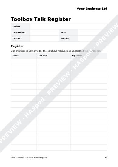 Toolbox Talk Register Template