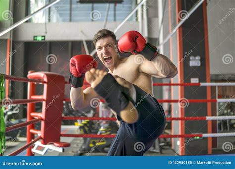 Kickboxer Kicks With His Leg Another Kick Boxer Stock Image Image Of