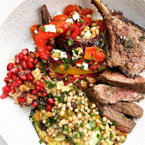 food by bethany lamb with baba ganoush giant jewelled couscous with dill and roasted veg with