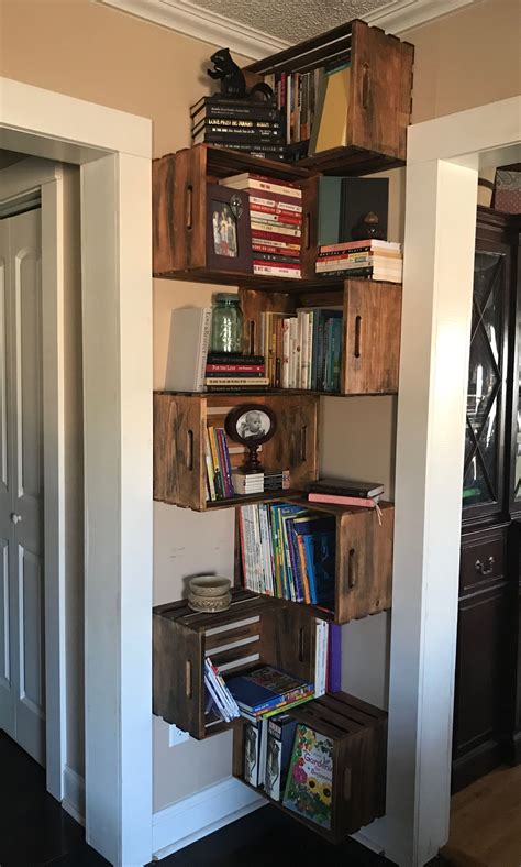 Bookshelves Stain Unfinished Wooden Crates And Hang On Alternate Walls