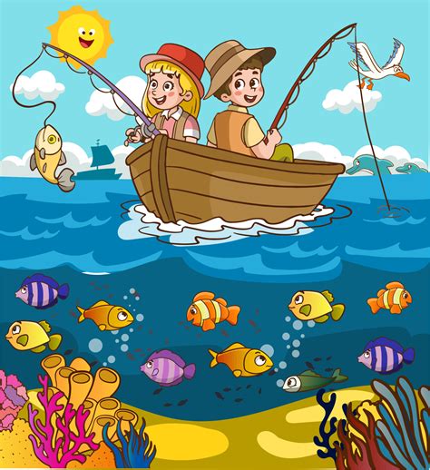 Niños Pescar En El Mar Dibujos Animados Vector 21592960 Vector En Vecteezy