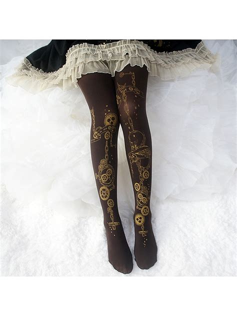 Steampunk Gear Gold Stamping Print Tights Over Knee Stockings By Reina