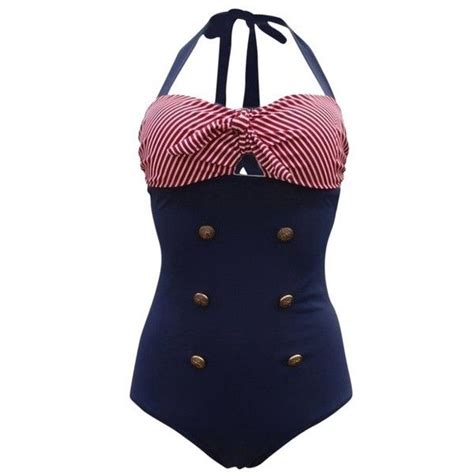 Retro Sailor Nautical Swimsuit 44 Liked On Polyvore Featuring