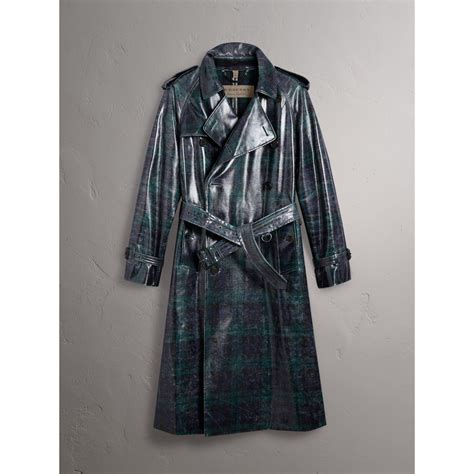 Burberry Laminated Tartan Wool Trench Coat In Navy Blue For Men Lyst