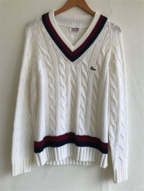 Vtg Izod Lacoste Mens Tennis Sweater Cable Knit Large White Long