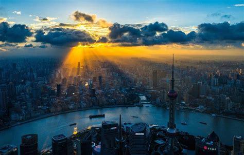 Обои City China Shanghai River Sky Clouds Sunrise Buildings