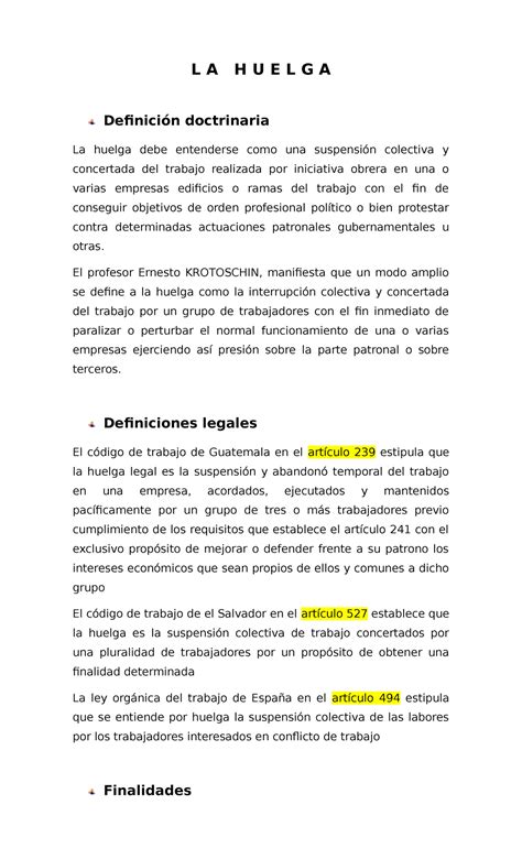 Huelga Y Paro En El Derecho Guatemalteco L A H U E L G A Definici N