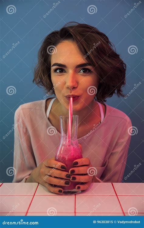 Close Up Of A Pretty Young Girl Drinking Smoothie Stock Image Image Of Cafe Female 96303815