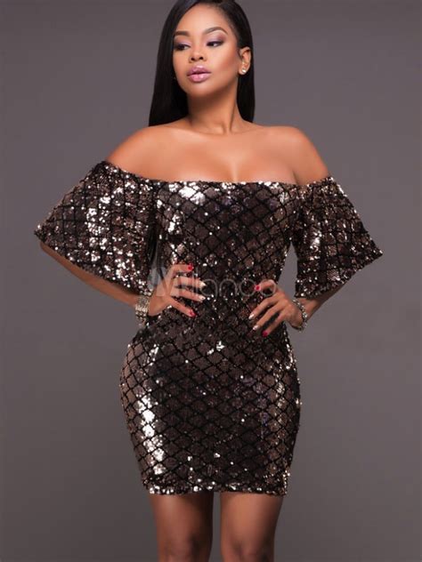 Glitter Club Dress Sexy Sequin Party Dress Black Off Shoulder Quilted