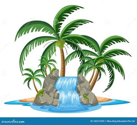 Small Waterfall On The Tropical Island On White Background Stock Vector