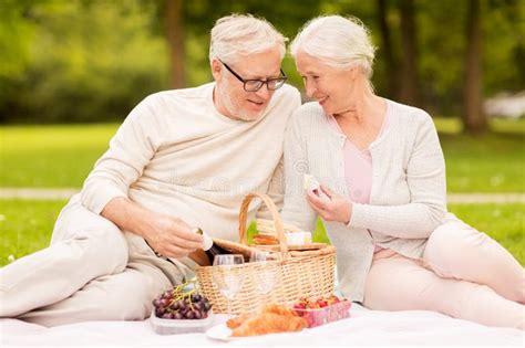 Happy Senior Couple Having Picnic At Summer Park Stock Image Image Of
