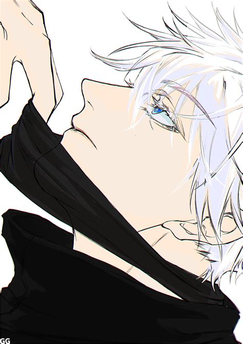 An Anime Character With White Hair And Blue Eyes Holding His Hand Up To