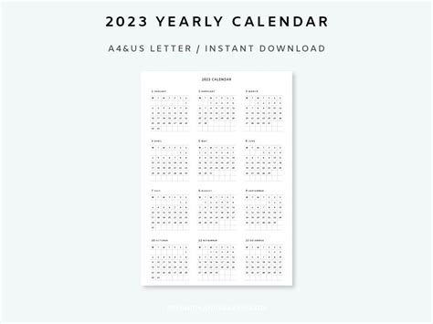 Yearly Calendar 2023 Planner Calendar Printable Year At A Etsy