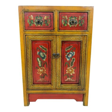 Vintage Anglo Indian Red And Ochre Lotus Flower Cabinet Or Cupboard