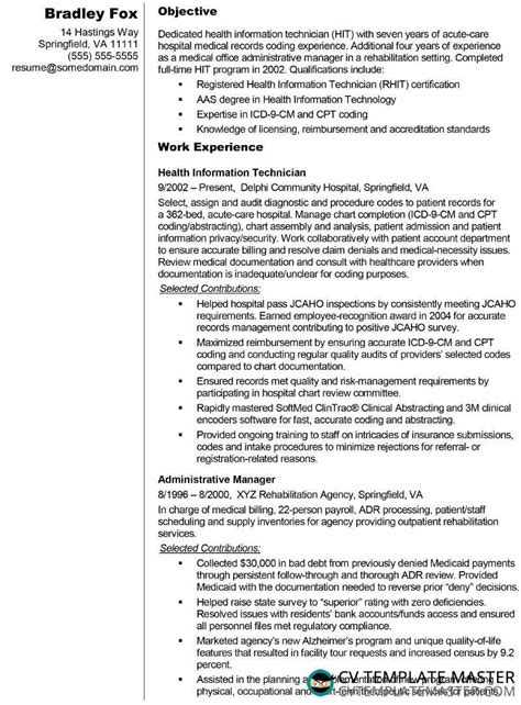 health information technician cv résumé example download free cv template master